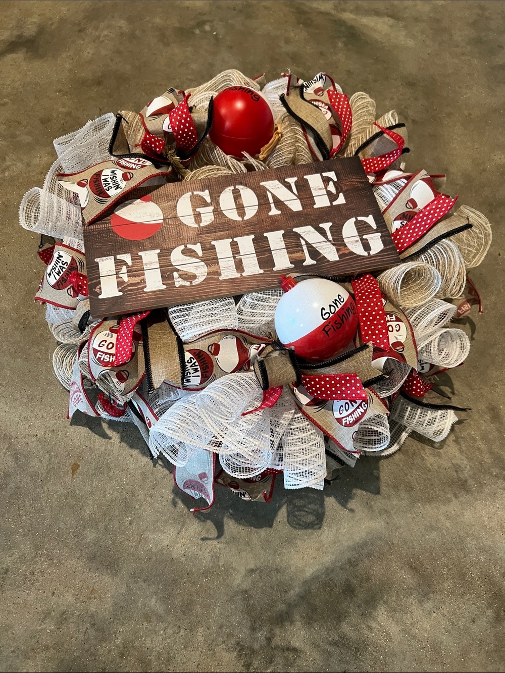 Gone Fishing Holiday Wreath in Red and White